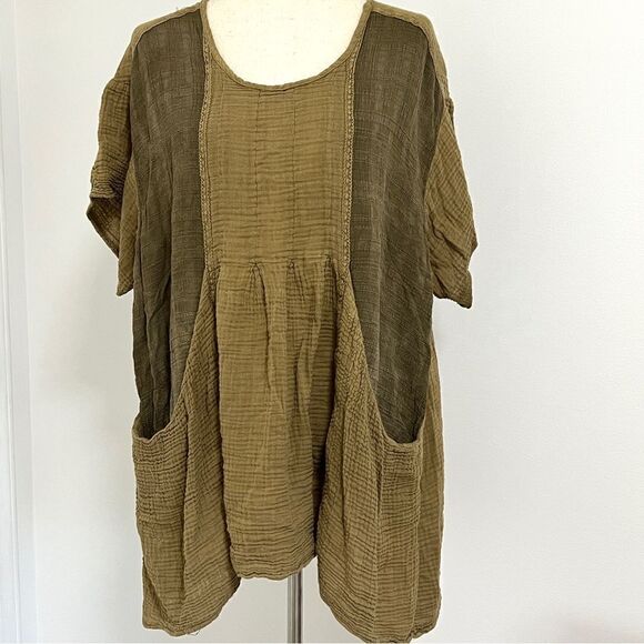 Free People Olive Green Babydoll Mini Dress XS Boho Muslin Gauze Appearance - Picture 1 of 11